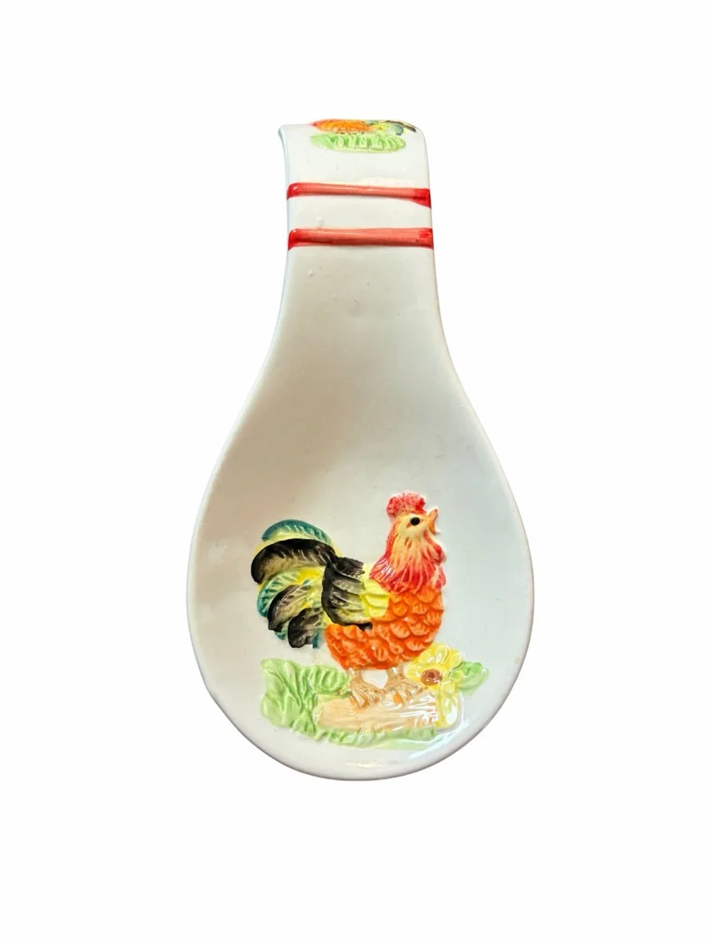 Rustic White Ceramic Rooster Spoon Rest Country Farmhouse Decor